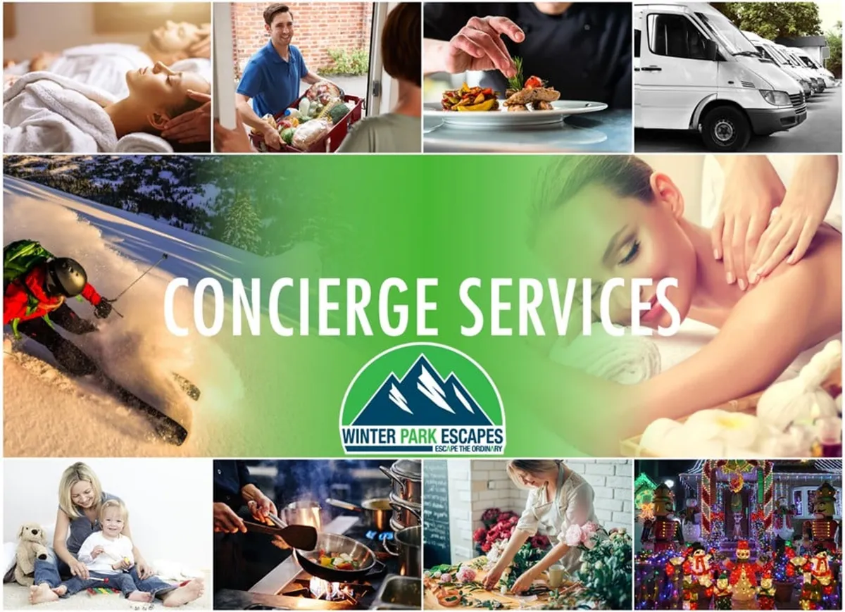 A dynamic scene of luxury resort-style perks: spa relaxation, gourmet meal delivery, ski adventures, family bonding, and convenient transport services. The image highlights the range of concierge services and management support available to guests.