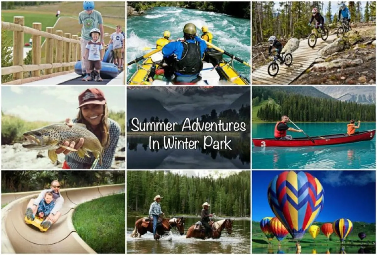 A vibrant collage of families and friends engaging in classic mountain summer activities including rafting, mountain biking, fishing, canoeing, horseback riding, and hot air ballooning—set against a backdrop of open fields and dramatic mountain scenery.