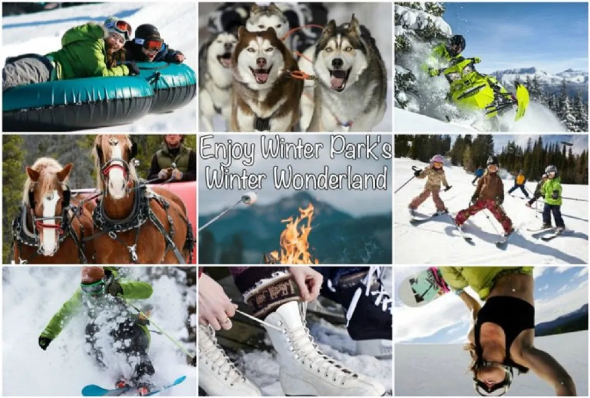 This vibrant scene captures people enjoying a snow tubing hill, children learning to ski, huskies pulling sleds, a cozy fire pit, and energetic snowboarders—all set against a wintry landscape. The image is bustling with joyful activity and variety, illustrating the excitement and diversity of winter sports available steps from Villa 136.